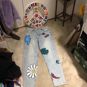 Groovy, vintage denim, jeans with painted designs. 28.